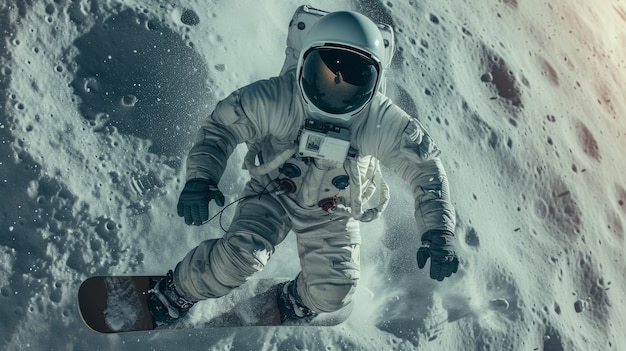 Photo gratuite vue d'un astronaute en combinaison spatiale faisant du snowboard sur la lune