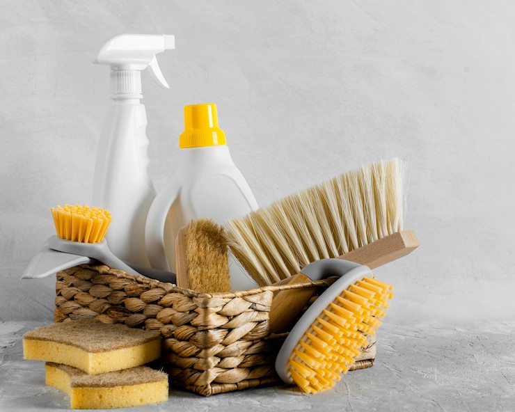Photo gratuit vue avant des brosses de nettoyage écologiques dans le panier avec solution