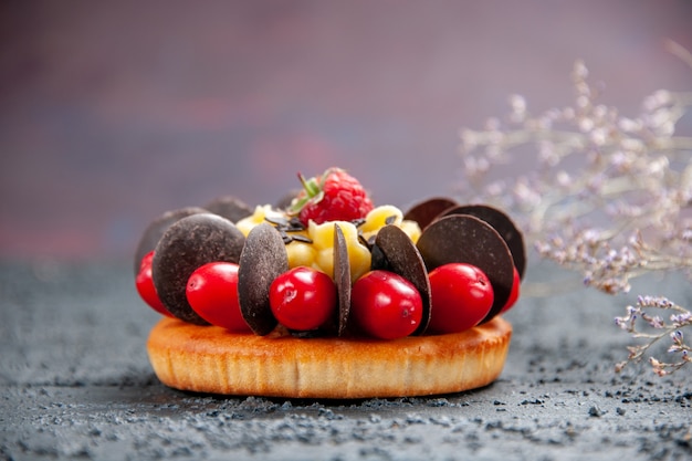 Vue avant du gâteau aux framboises aux fruits cornouiller et au chocolat sur fond sombre