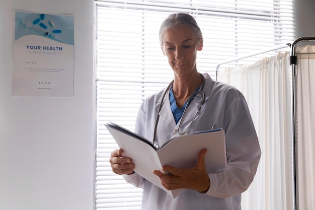 Vue avant du médecin vérifiant les dossiers des patients