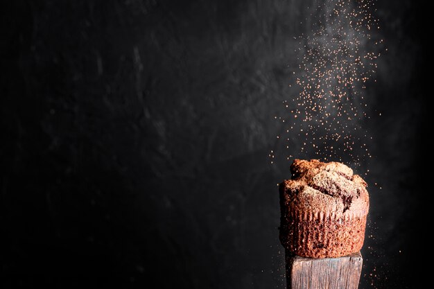 Vue avant du muffin au chocolat avec de la poudre de cacao et de l'espace de copie