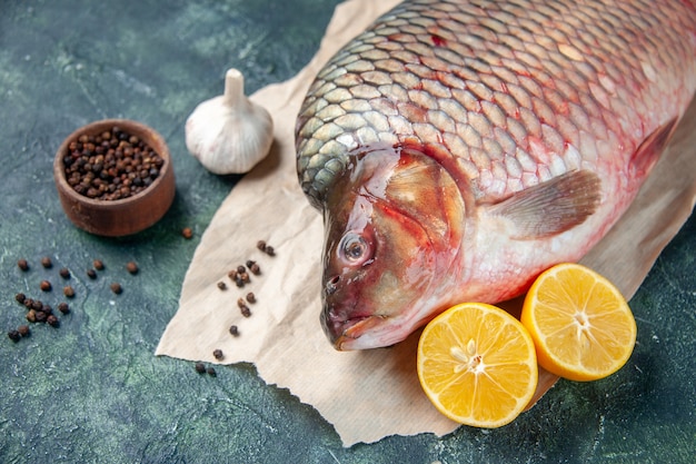 Vue avant du poisson cru frais avec du poivre et du citron sur la surface bleu foncé de l'eau de la viande de la couleur de l'océan nourriture horizontale repas de fruits de mer