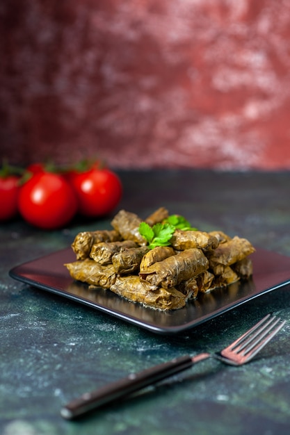 Vue Avant De La Feuille Savoureuse Dolma Avec Des Tomates Sur Le Fond Sombre De L'huile De Calories Dîner Plat De Salade Alimentaire Repas De Restaurant De Viande