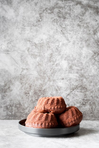 Vue avant des gâteaux au chocolat sur plaque avec copie-espace