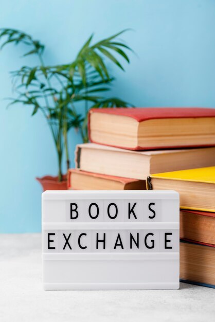Vue avant des livres empilés avec plante et boîte à lumière