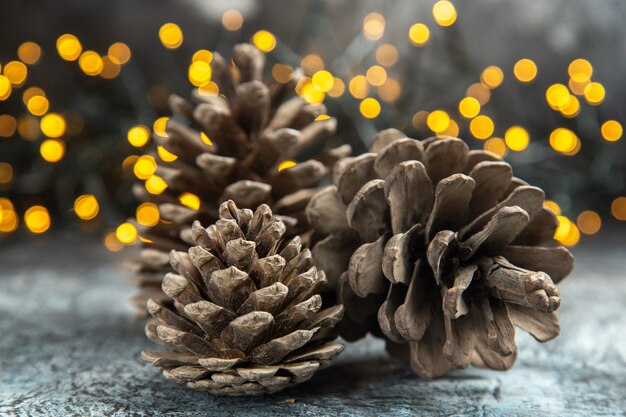 Vue avant des pommes de pin ouvertes sur les lumières de Noël de surface isolée sombre