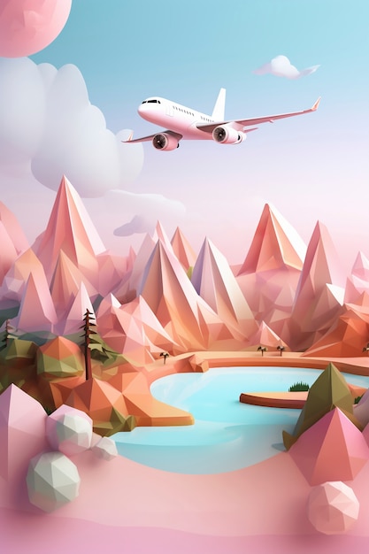 Photo gratuite vue d'un avion 3d avec le paysage de la destination de voyage