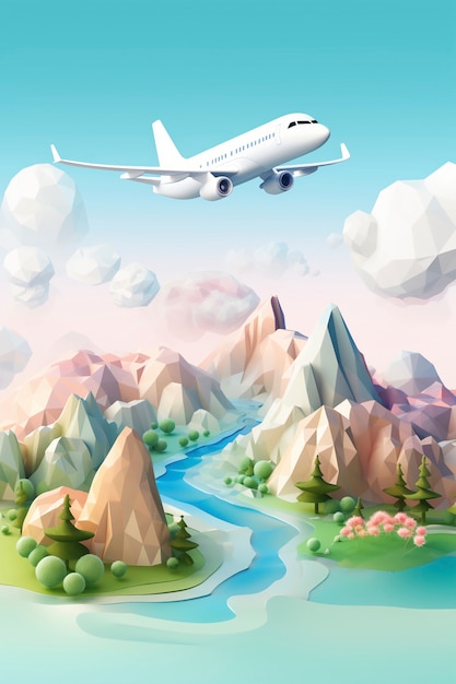 Photo gratuite vue d'un avion 3d avec le paysage de la destination de voyage