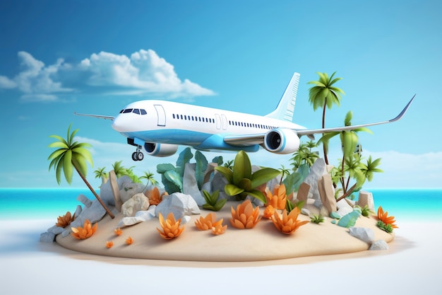 Photo gratuite vue d'un avion 3d avec le paysage de la destination de voyage