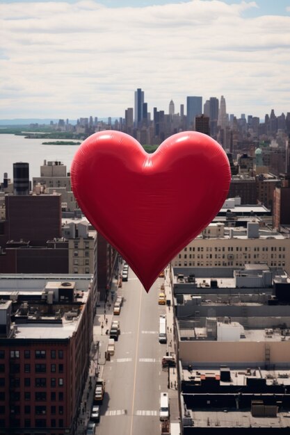 Vue d'un ballon rouge au cœur flottant au-dessus de la ville