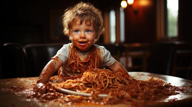 Vue d'un bébé drôle avec des pâtes