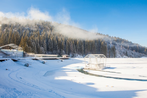 Vue sur les belles montagnes enneigées et la forêt