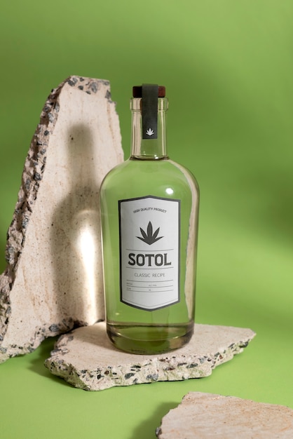 Photo gratuite vue de la boisson sotol mexicaine avec une bouteille en verre