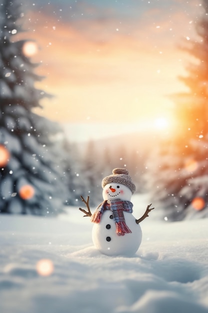 Vue d'un bonhomme de neige avec un paysage hivernal et de la neige