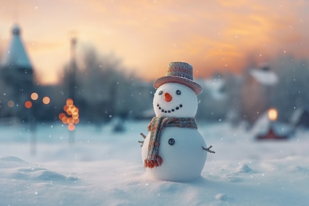 Vue d'un bonhomme de neige avec un paysage hivernal et de la neige