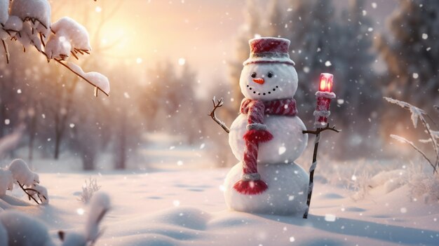 Vue d'un bonhomme de neige avec un paysage hivernal et de la neige