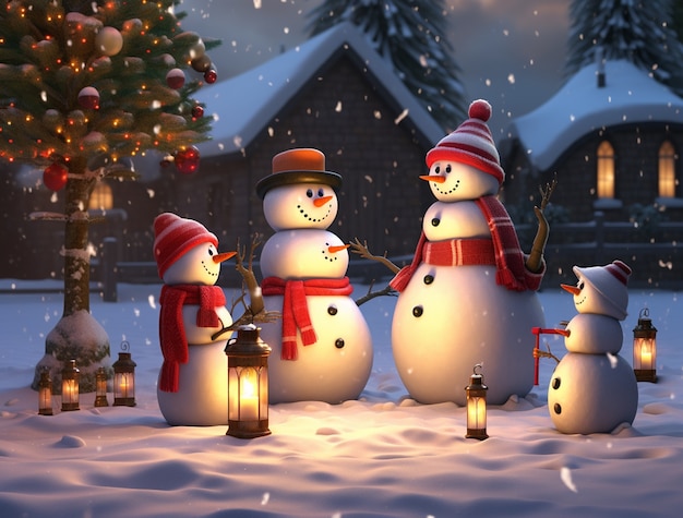 Vue des bonhommes de neige pour les fêtes de Noël