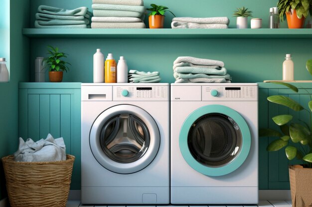 Vue de la buanderie avec machine à laver et couleurs rétro