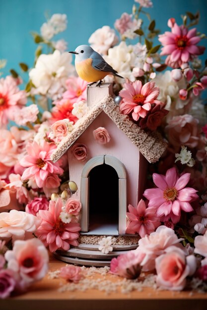 Vue d'une cabane d'oiseaux avec des fleurs de printemps en fleurs