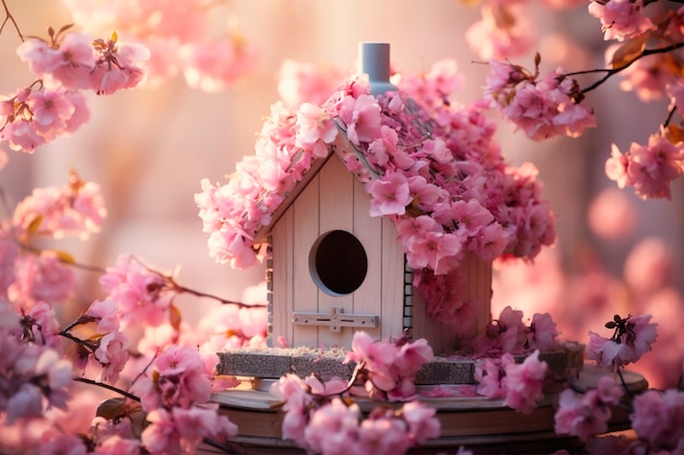 Photo gratuite vue d'une cabane d'oiseaux avec des fleurs de printemps en fleurs