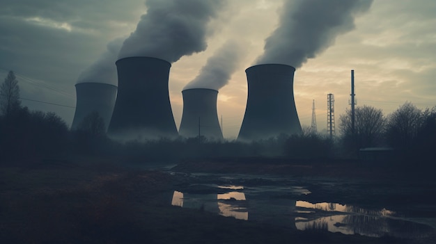 Photo gratuite vue de la centrale nucléaire avec des tours laissant sortir de la vapeur du processus