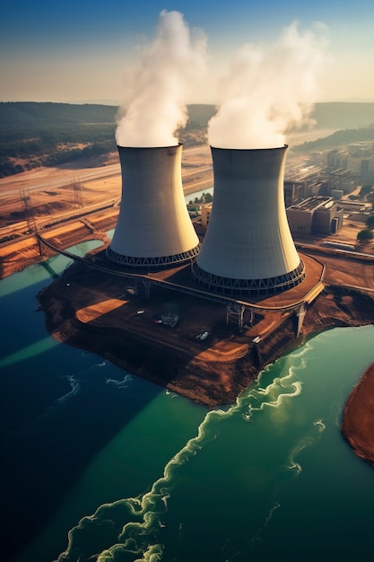 Photo gratuite vue de la centrale nucléaire avec des tours laissant sortir de la vapeur du processus