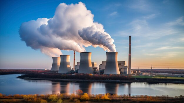 Vue de la centrale nucléaire avec des tours laissant sortir de la vapeur du processus