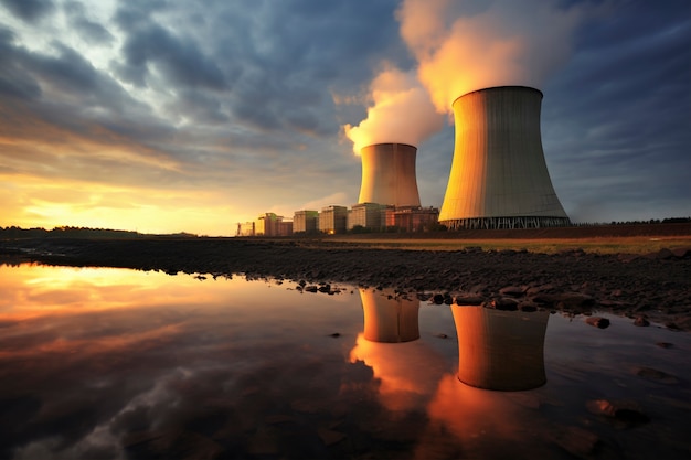 Photo gratuite vue de la centrale nucléaire avec des tours laissant sortir de la vapeur du processus