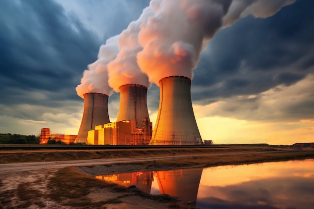 Photo gratuite vue de la centrale nucléaire avec des tours laissant sortir de la vapeur du processus