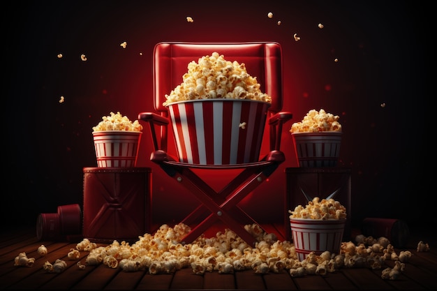 Photo gratuite vue de la chaise du réalisateur de film 3d avec du pop-corn