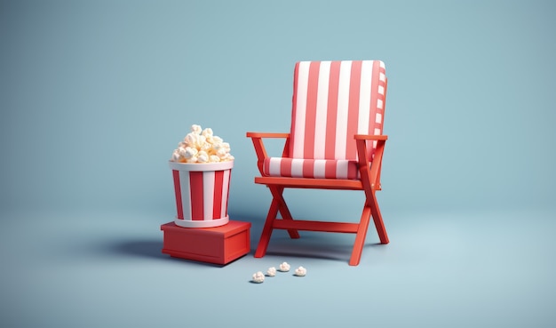 Vue d'une chaise de pelouse 3D avec du pop-corn