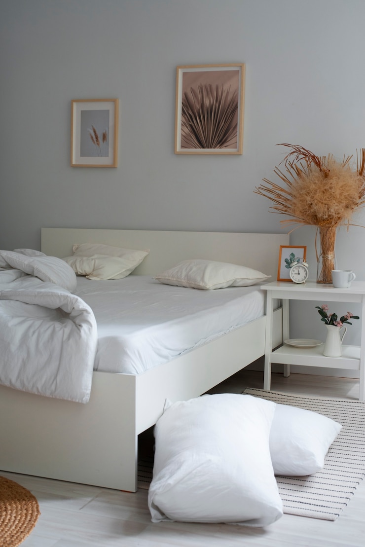 Photo gratuit vue de la chambre avec draps et décoration