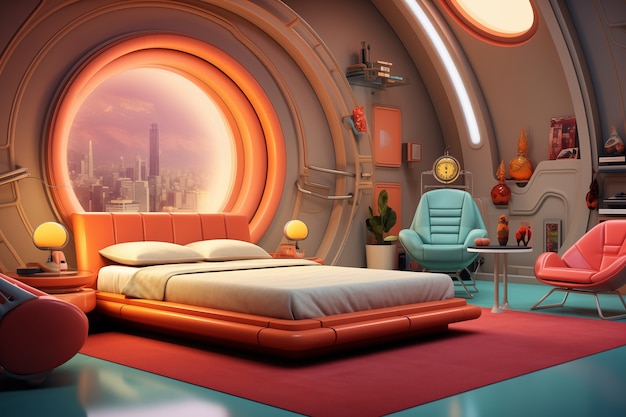 Photo gratuite vue d'une chambre futuriste avec des meubles