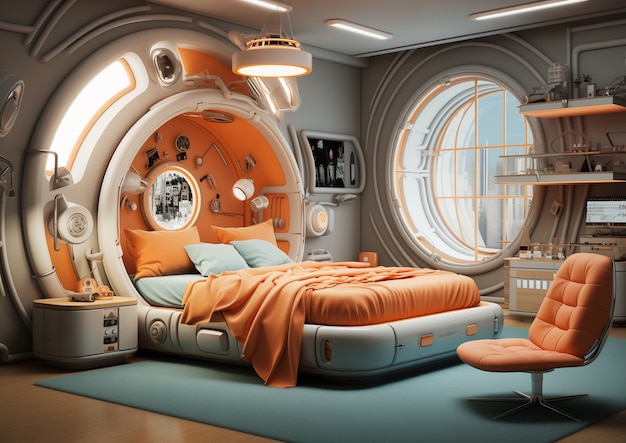 Photo gratuite vue d'une chambre futuriste avec des meubles