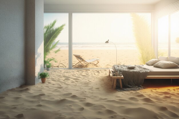 Vue de la chambre à l'intérieur de la maison avec plage de sable et temps ensoleillé