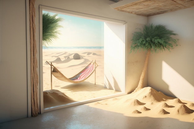 Vue de la chambre à l'intérieur de la maison avec plage de sable et temps ensoleillé
