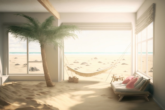 Vue de la chambre à l'intérieur de la maison avec plage de sable et temps ensoleillé