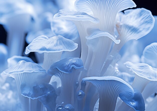 Vue des champignons blancs et bleus