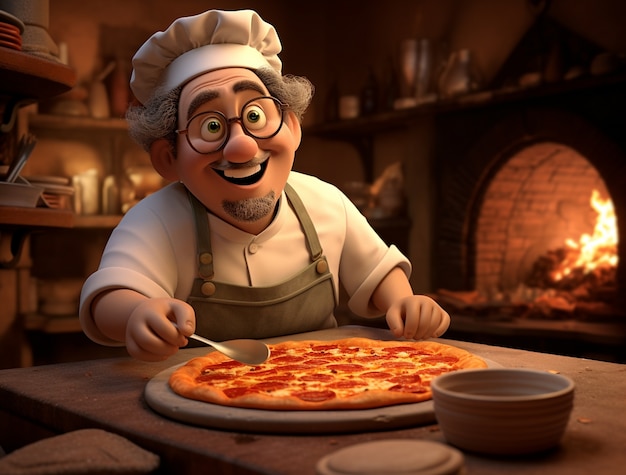 Photo gratuite vue d'un chef de dessin animé avec une délicieuse pizza 3d