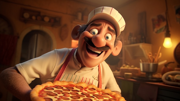 Photo gratuite vue d'un chef de dessin animé avec une délicieuse pizza 3d