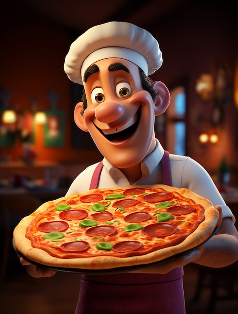 Vue d'un chef de dessin animé avec une délicieuse pizza 3D