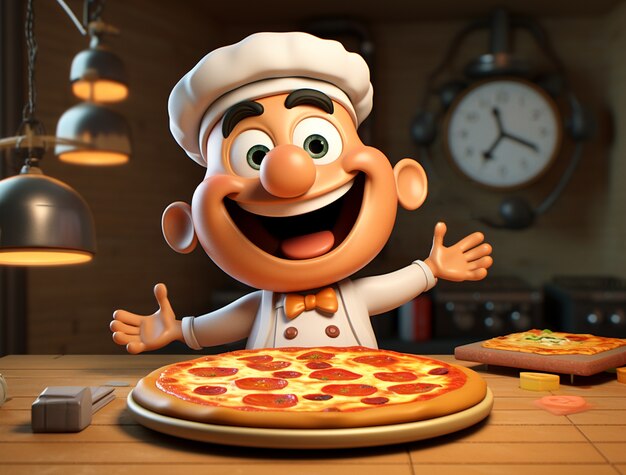 Vue d'un chef de dessin animé avec une délicieuse pizza 3D