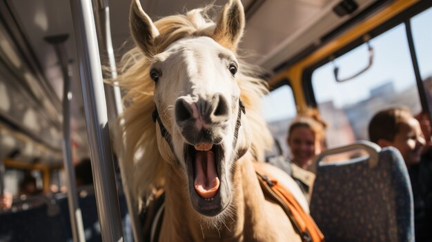 Vue d'un cheval drôle dans les transports en commun