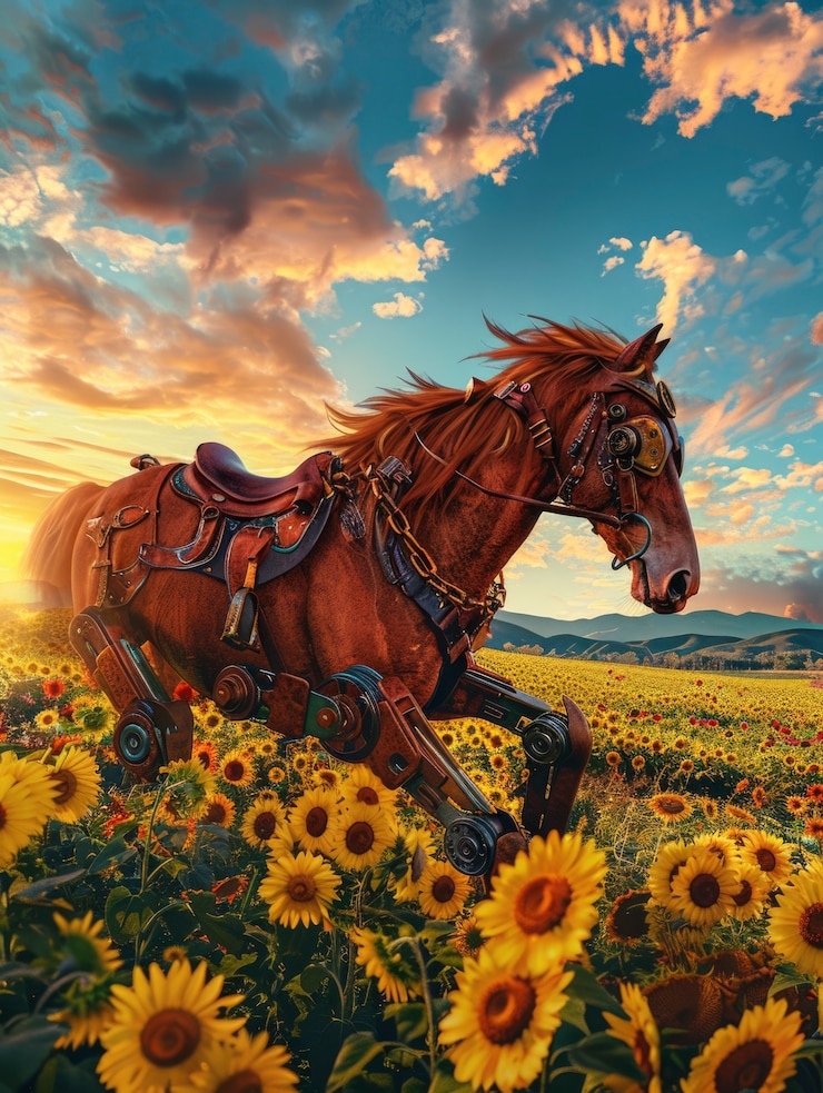 Photo gratuit vue d'un cheval avec des pièces mécaniques et robotiques dans un style futuriste