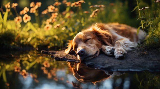 Vue d'un chien mignon dormant à l'extérieur dans la nature