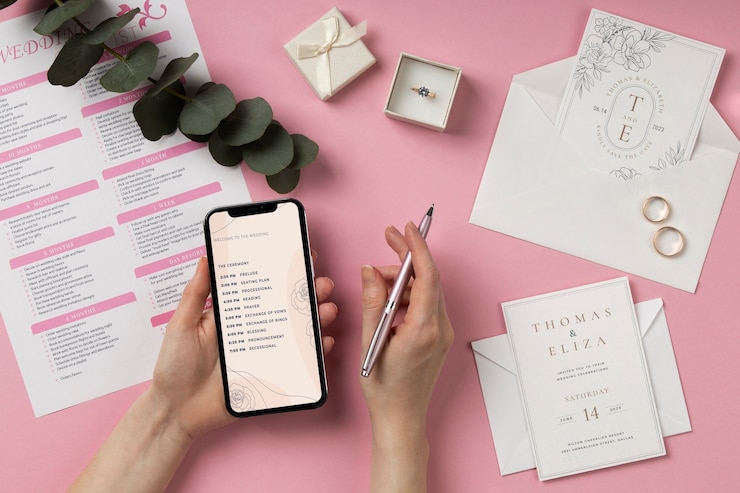 Photo gratuit vue ci-dessus de l'arrangement des ressources du planificateur de mariage