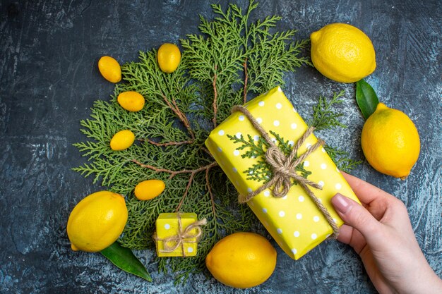 Vue ci-dessus de citrons frais avec des feuilles de kumquats sur des branches de sapin main tenant une boîte-cadeau sur fond sombre