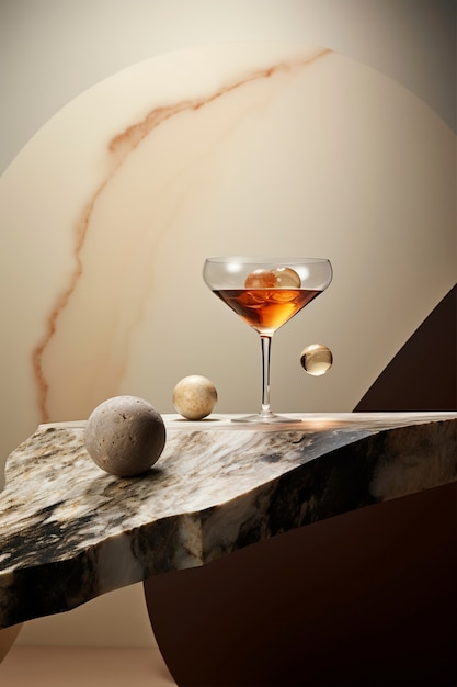 Vue sur un cocktail en verre avec un ensemble néo-futuriste abstrait