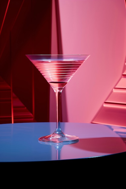 Vue sur un cocktail en verre avec un ensemble néo-futuriste