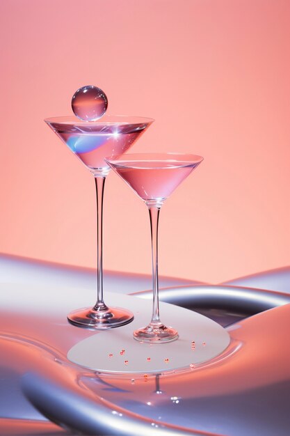 Vue sur un cocktail en verre avec un ensemble néo-futuriste